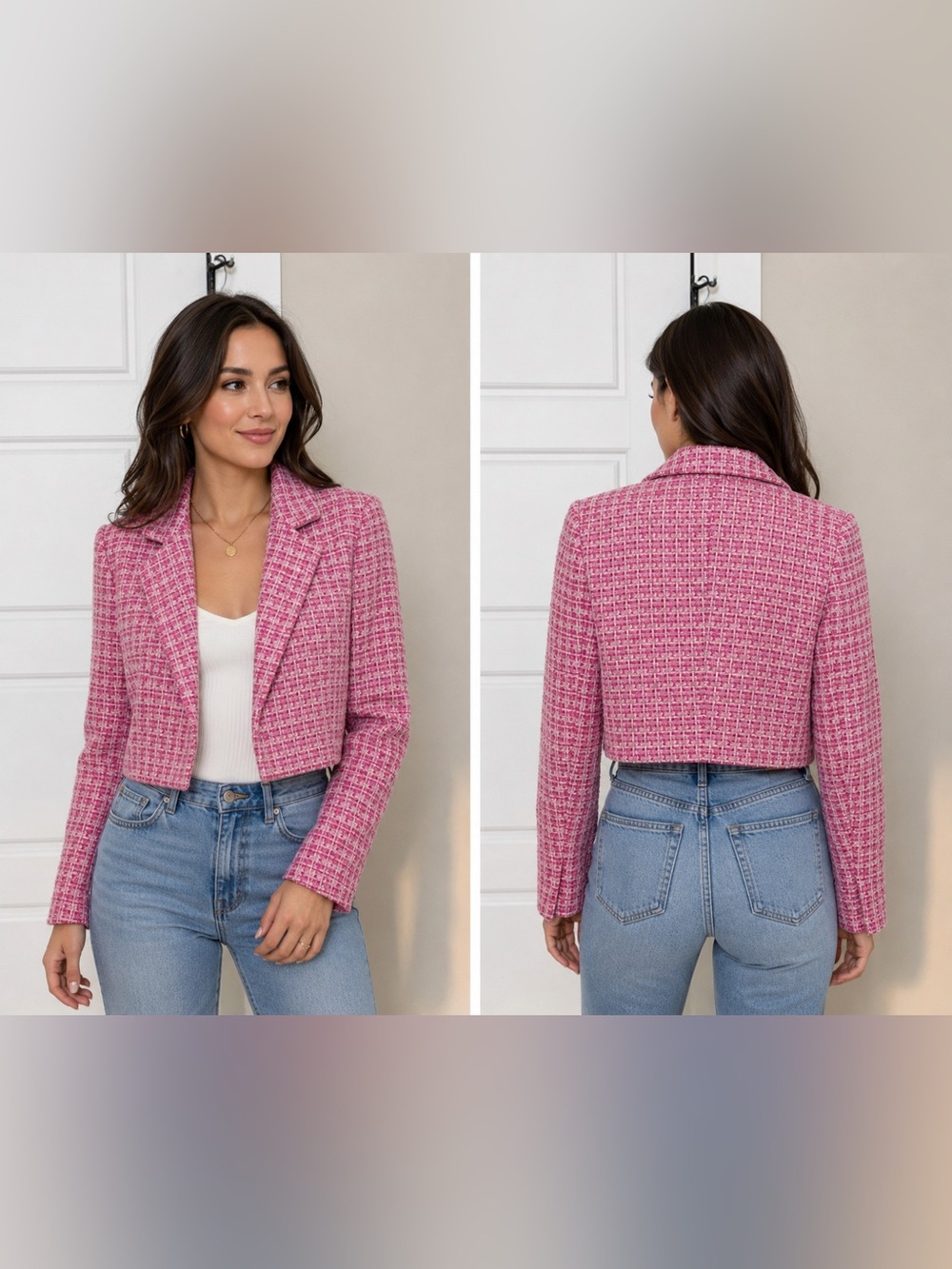 Cropped Pink Tweed Blazer